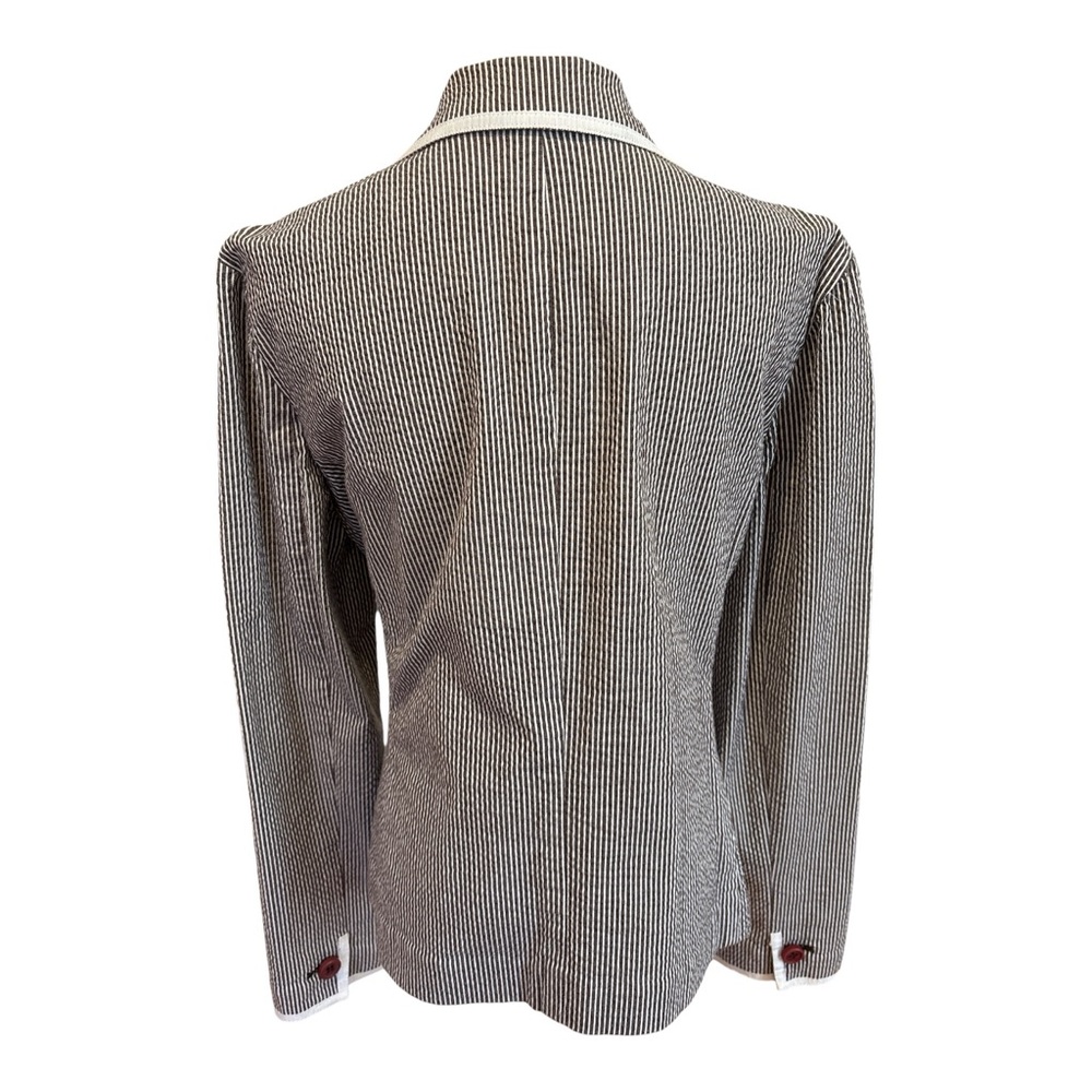 VTG LIZ CLAIBORNE SEERSUCKER PINSTRIPED BROWN & WHITE BLAZER W WHITE RIBBON TRIM - Picture 5 of 9